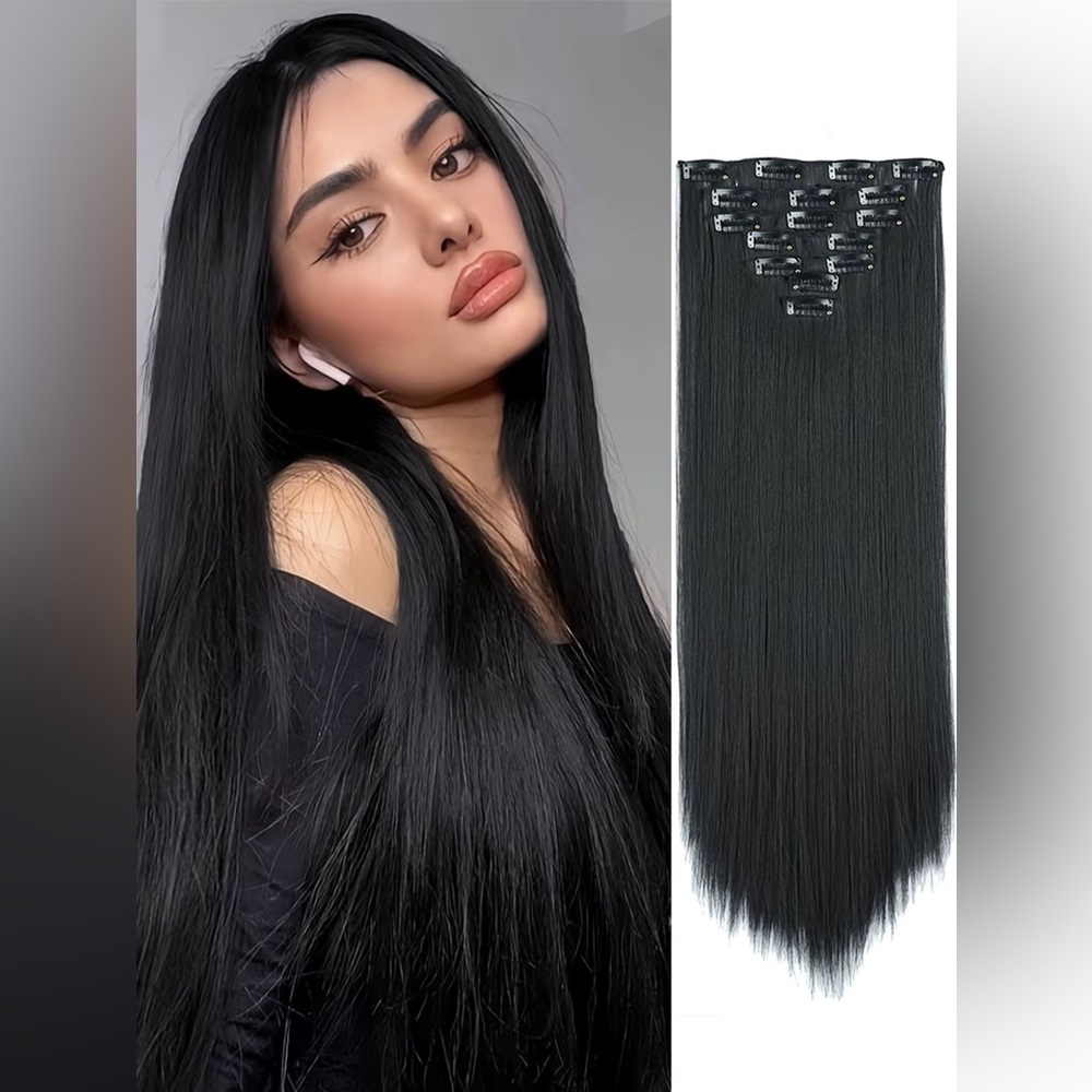 Long Black‎ hair Extensions Clips - Human hair blend